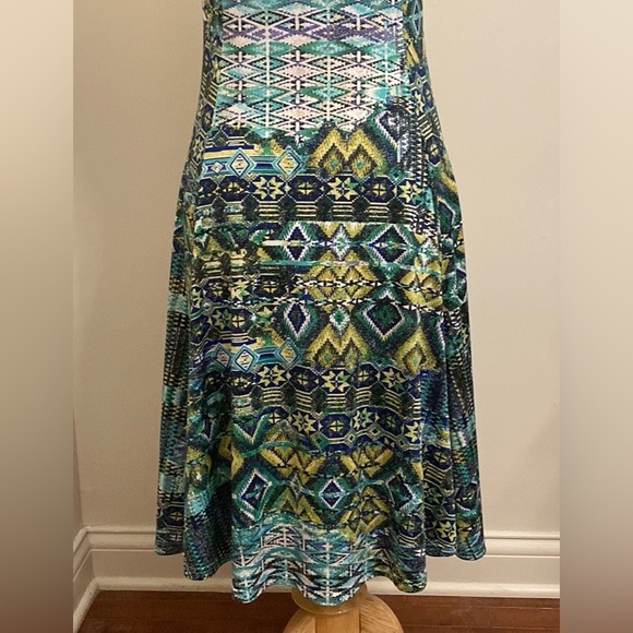 Creation Blue Turquoise Green Aztec Tribal Print Sleeveless Swing Midi Dress S - Picture 9 of 12